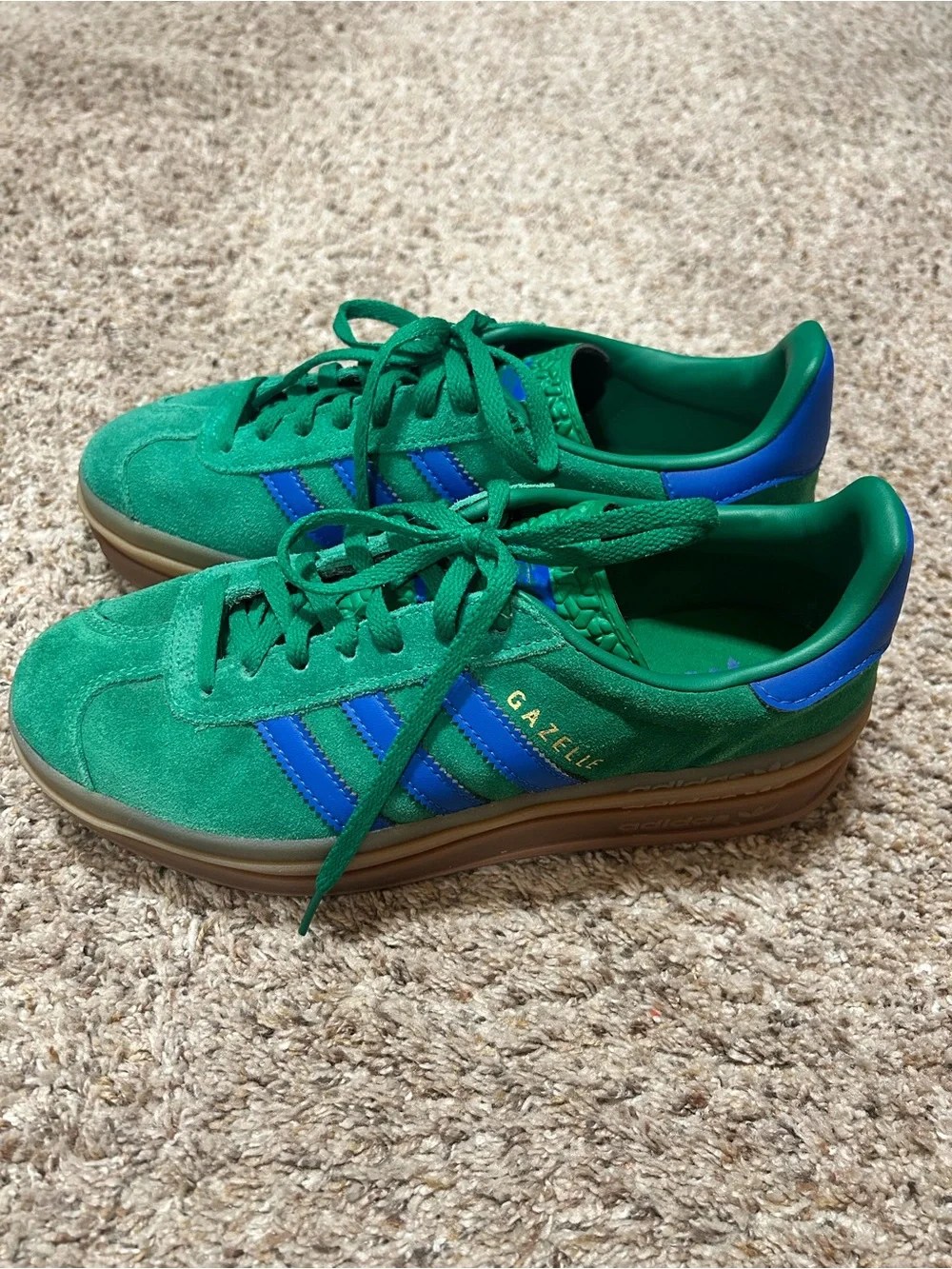 adidas Green Suede Sneakers with Blue Stripes and Gum Platform